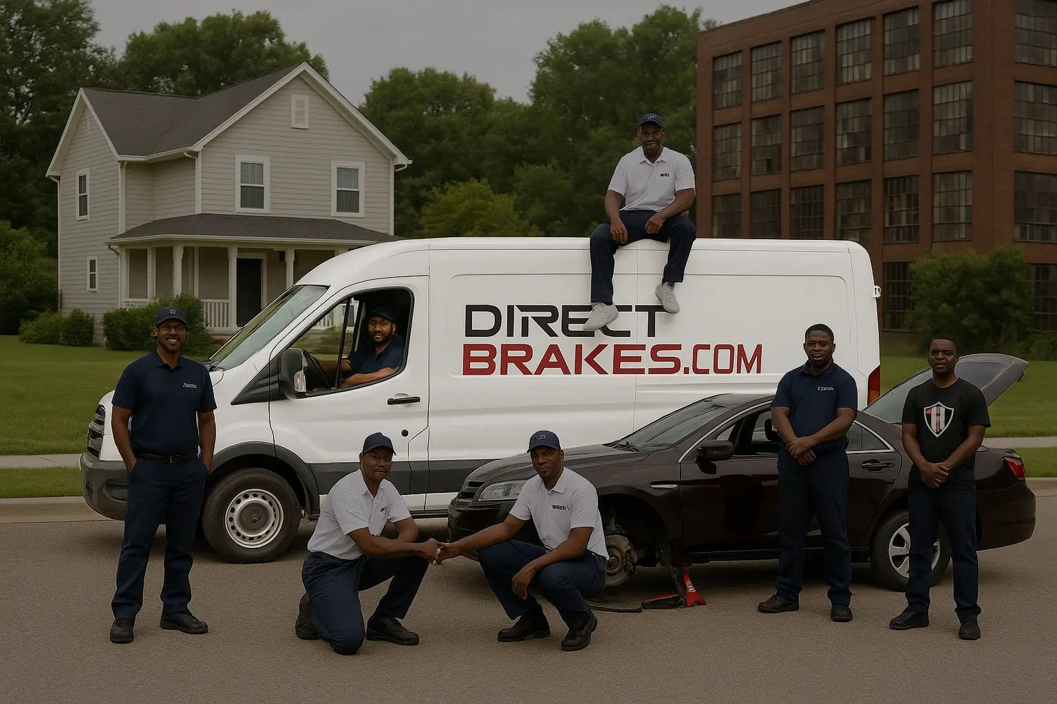 Technician performing mobile brake repair at customer's location in Sioux Falls